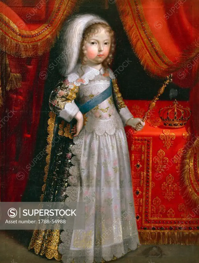Portrait of Louis XIV as a child, known as the Sun King (1638-1715), King of France from 1643 to 1715. Painting preserved within, Chateau de Lantheuil, France.