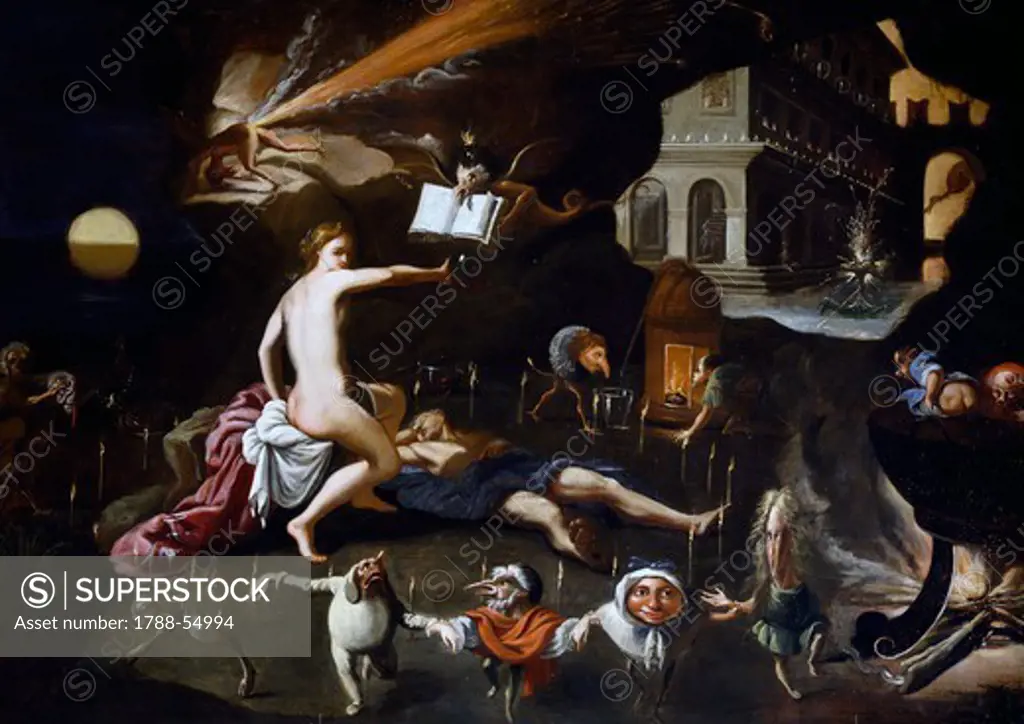 Witchcraft scene, painting by an unknown 17th century Flemish artist, preserved within, Chateau de Chatillon-en-Bazois, France.