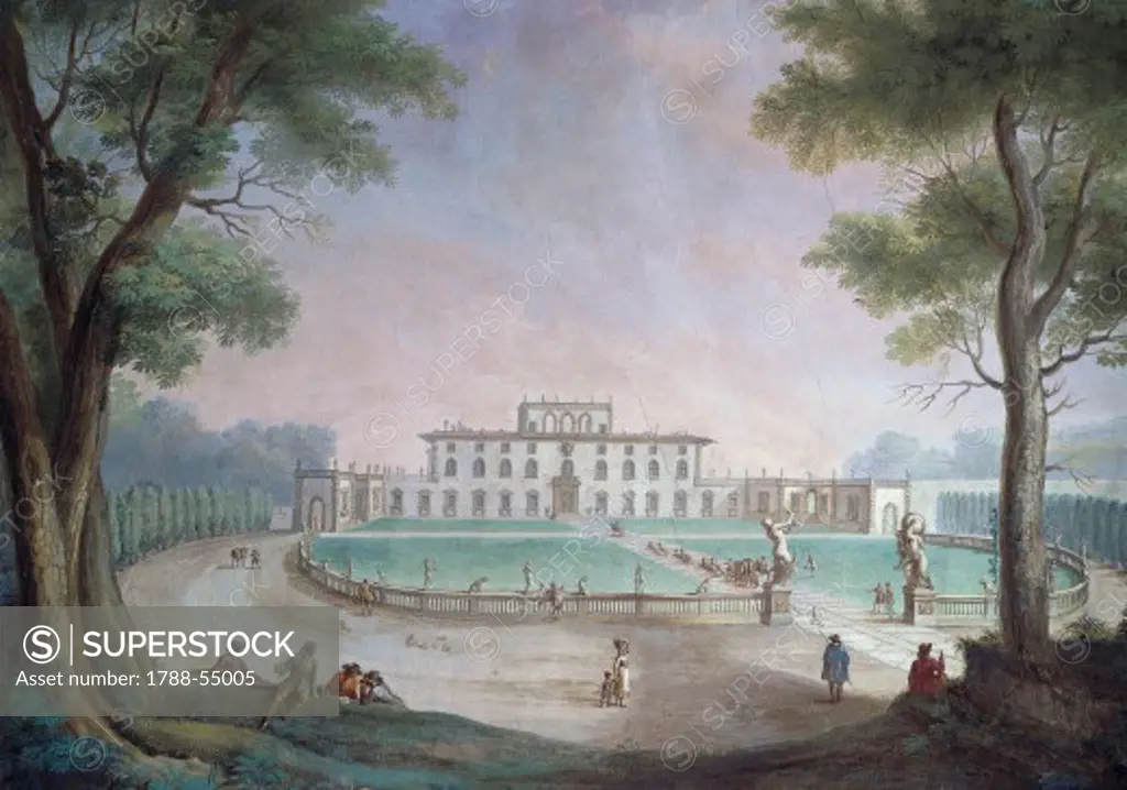 View of the Villa before its neoclassical restructuring, fresco by Giuseppe Zocchi (1711-1767). Audience Hall, Villa del Poggio Imperiale (Villa of the Imperial Hill), Florence. Italy, 18th century.