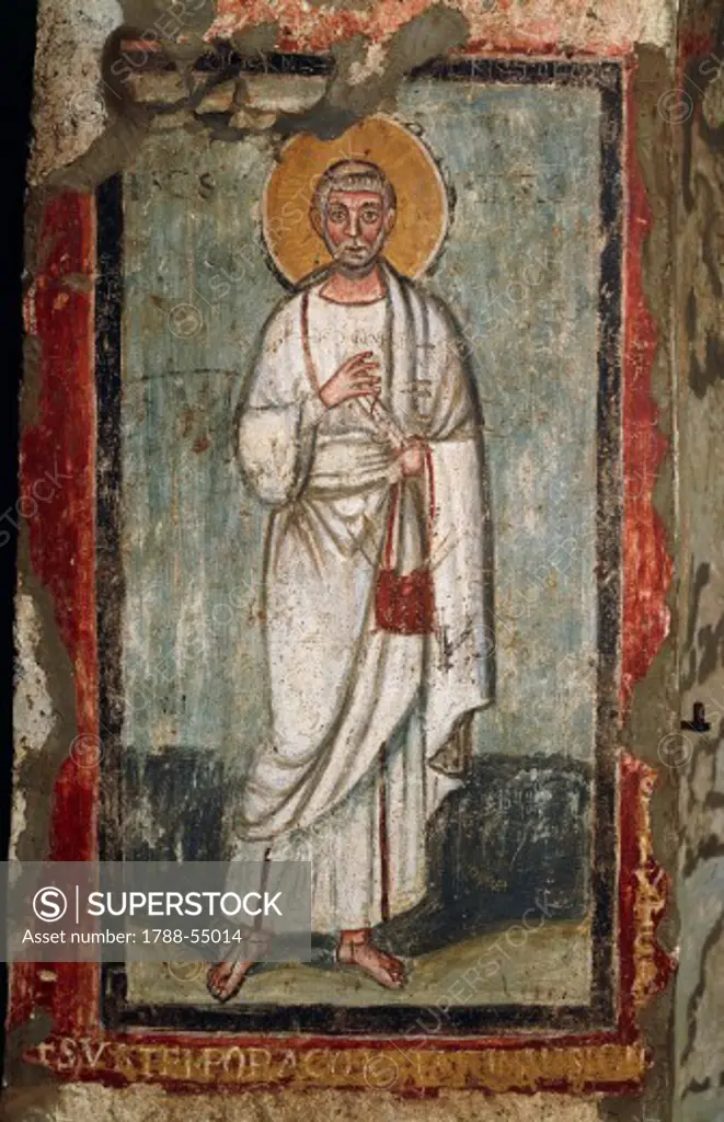 St Luke, crypt fresco, St Felix and St Adautto, Catacombs of Commodilla, Rome. Italy, 6th-7th century.