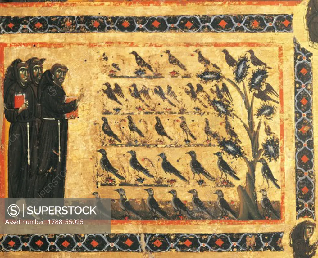 Stories of St Francis: St Francis preaching to the birds, fresco by Giotto (1267-1337), ca 1325. Bardi Chapel of Vernio, Basilica of Santa Croce, Florence. Italy, 14th century.