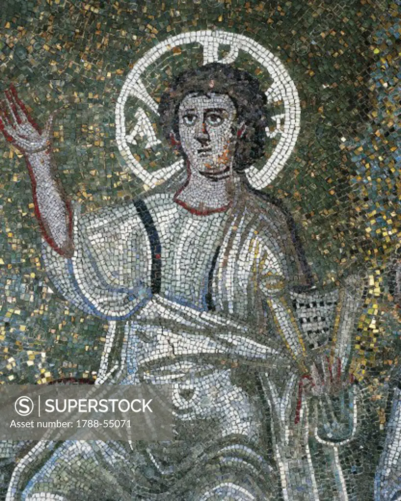 Christ in the college of the Apostles, detail from the mosaics in the Chapel of Saint Aquilino, Basilica of St Lawrence, Milan. Italy, 5th century.