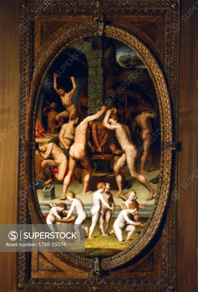 Panel depicting the Forge of Vulcan, the Victor Casini (active between 1570 and 1571). Studiolo (small study) of Francesco I, Palazzo Vecchio, Florence. Italy, 16th century.