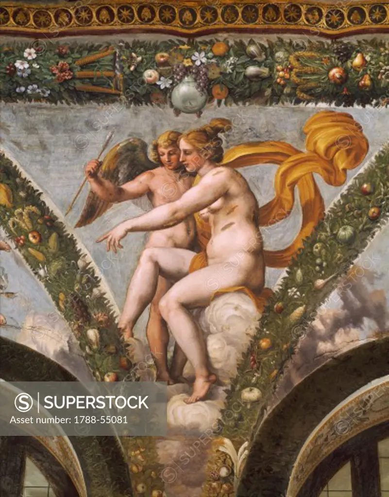 Detail from the fresco cycle Stories of Cupid and Psyche, by Raffaello Sanzio (1483-1520) and his assistants, Loggia of Cupid and Psyche, Villa Farnesina, Rome. Italy, 16th century.