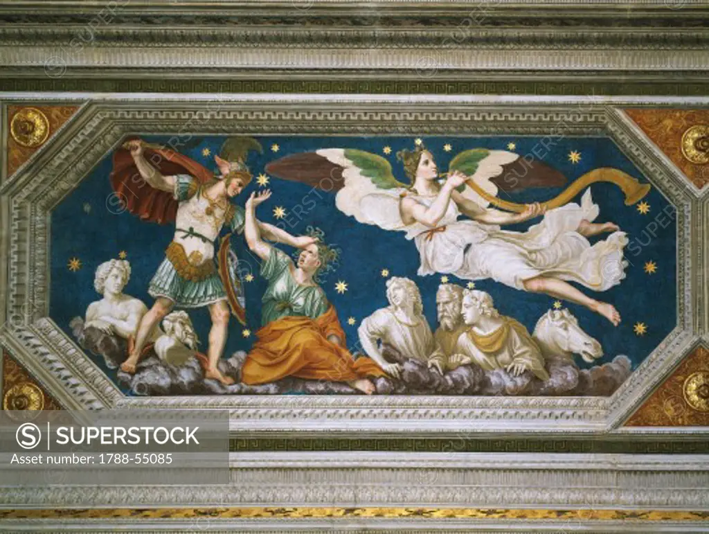 Perseus constellation: Perseus grabbing Medusa's head to decapitate it while Fame plays the tuba, 1510-1511, fresco by Baldassarre Peruzzi (1481-1536), vault, Loggia of Galatea, Villa Farnesina, Rome. Italy, 16th century.
