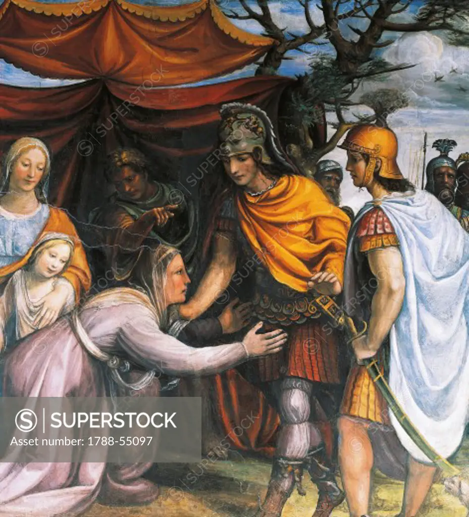 Alexander's mother begging Alexander the Great, Detail from The Marriage of Alexander and Roxanne, 1517, fresco by Giovanni Antonio Bazzi known as Il Sodoma (1477-1549), Agostino Chigi's wedding chamber, Villa Farnesina, Rome. Italy, 16th century.
