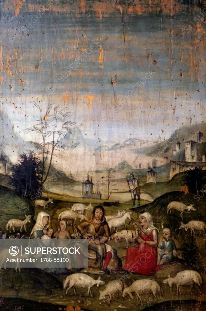 Scene from the Old Testament, painted board, detail from the cabinets of the Old Sacristy, Church of St Mary the Gracious (UNESCO World Heritage List,1980), Milan. Italy, 15th century.