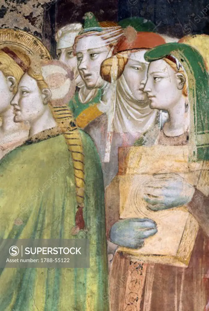 Figures of women, detail from Marriage of the Virgin, fresco by Giovanni da Milano (active from 1346 to 1369). Rinuccini Chapel, Santa Croce, Florence. Italy, 14th century.