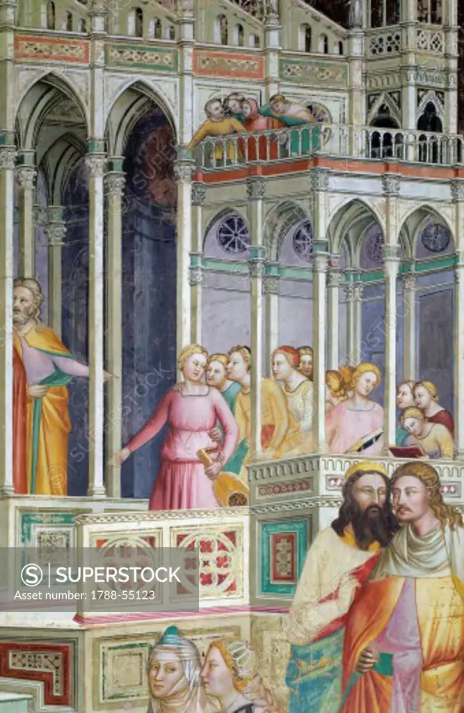 Medieval city, detail from Presentation of Mary in the temple, fresco by Giovanni da Milano (active from 1346 to 1369). Rinuccini Chapel, Santa Croce, Florence. Italy, 14th century.