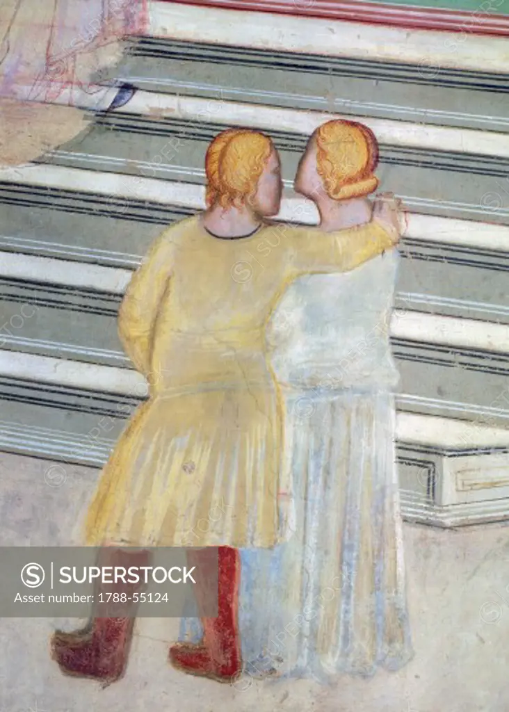 Couple in front of a staircase, detail from Presentation of Mary in the temple, fresco by Giovanni da Milano (active from 1346 to 1369). Rinuccini Chapel, Santa Croce, Florence. Italy, 14th century.