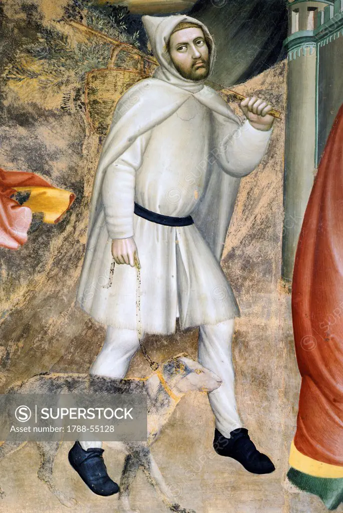 Figure of a man with a dog, detail from the Annuciation by the Angel, fresco by Giovanni da Milano (active from 1346 to 1369). Rinuccini Chapel, Santa Croce, Florence. Italy, 14th century.