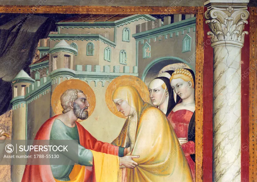 Meeting with St Anne, fresco by Giovanni da Milano (active from 1346 to 1369), detail. Rinuccini Chapel, Santa Croce, Florence. Italy, 14th century.