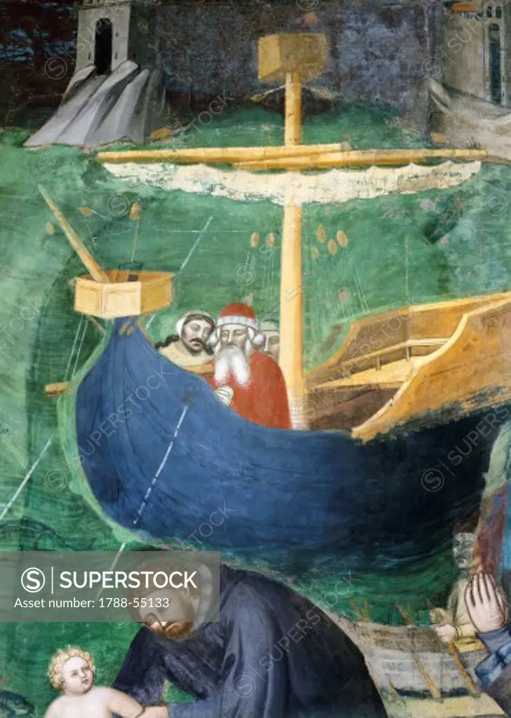 Boat at sea, detail from Miracle of St Mary Magdalene, fresco by Giovanni da Milano (active from 1346 to 1369). Rinuccini Chapel, Santa Croce, Florence. Italy, 14th century.
