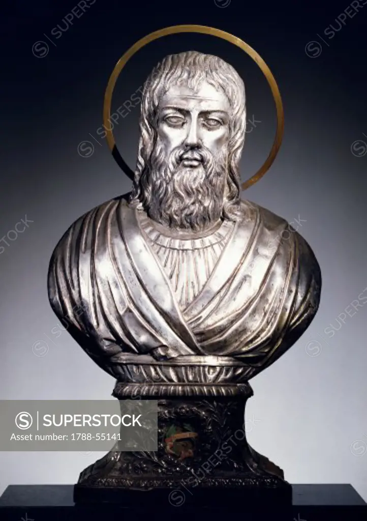 Reliquary bust in silver-plated copper foil, Basilica of Sant'Eustorgio, Milan. Italy, 19th century.