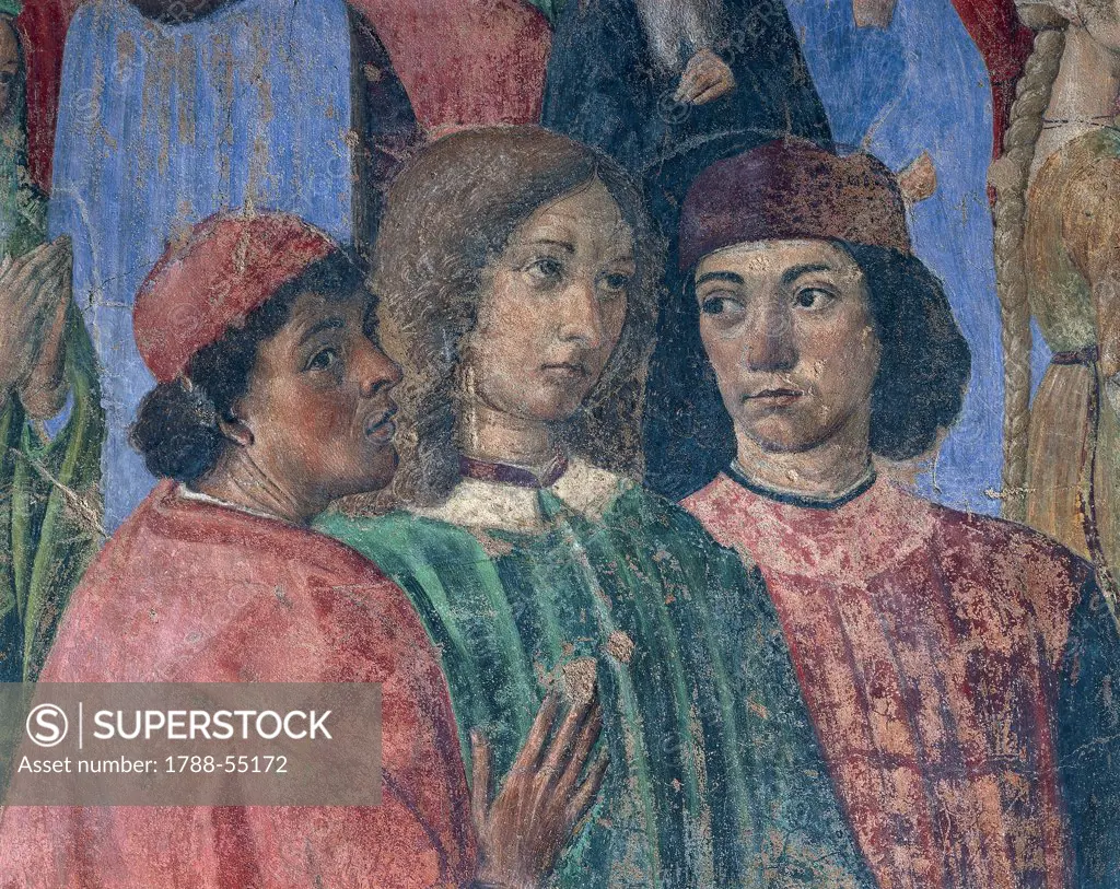 Procession of the Bishop with a vial of blood in front of the Church of st Augustine, 1485-1486, fresco by Cosimo Rosselli (1439-1507), detail. Chapel of the Miracle of the Sacrament, Church of Sant'Ambrogio, Florence. Italy, 15th century.