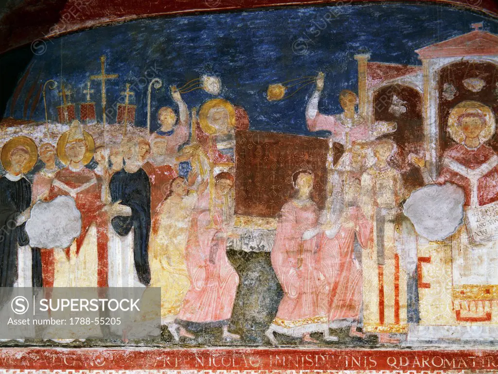 Detail from the Stories of St Clement, fresco, lower church of the Basilica of St Clement, Rome. Italy, 12th century.