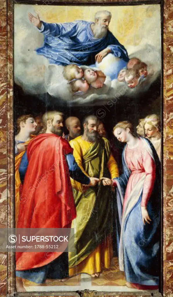 Marriage of Mary, 1584-1589, oil on panel, by Scipione Pulzone known as Il Gaetano (1550-1598), designed by and in collaboration with his father Giuseppe Valeriani (1542-1596), Chapel of Madonna della Strada (Chapel of Our Lady of the Road), Church of the Gesu, Rome. Italy, 16th century.