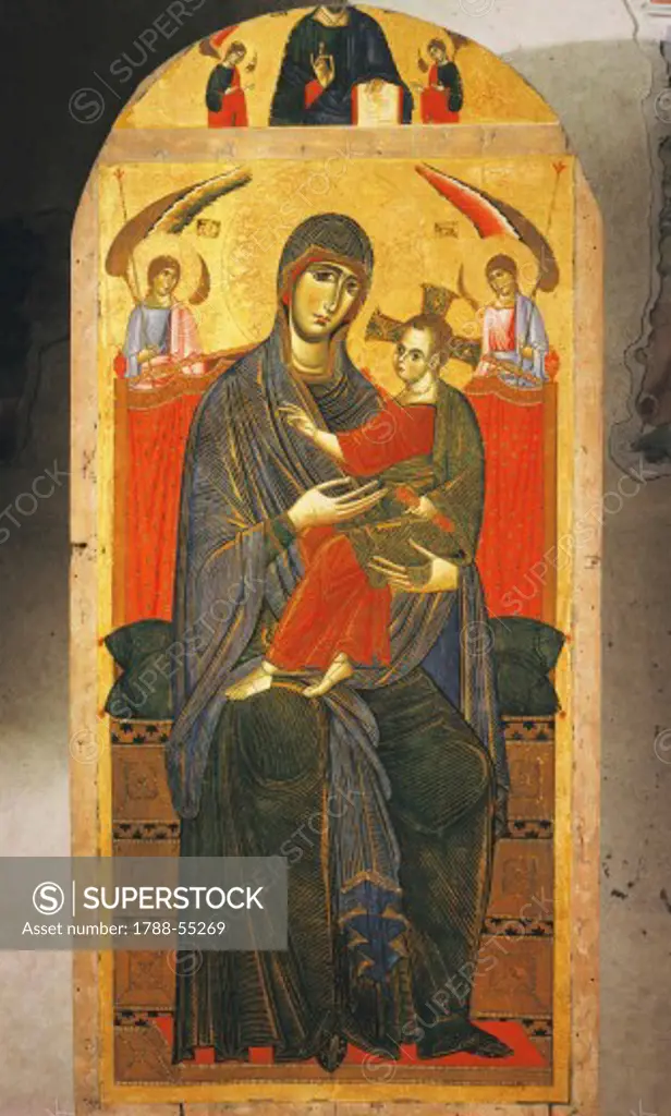 Madonna and Child Enthroned, Redeemer and Angels (Madonna of the People), 1268, by Coppo Di Marcovaldo (ca 1225 - ca 1276), tempera on wood. Italy, 13th century.