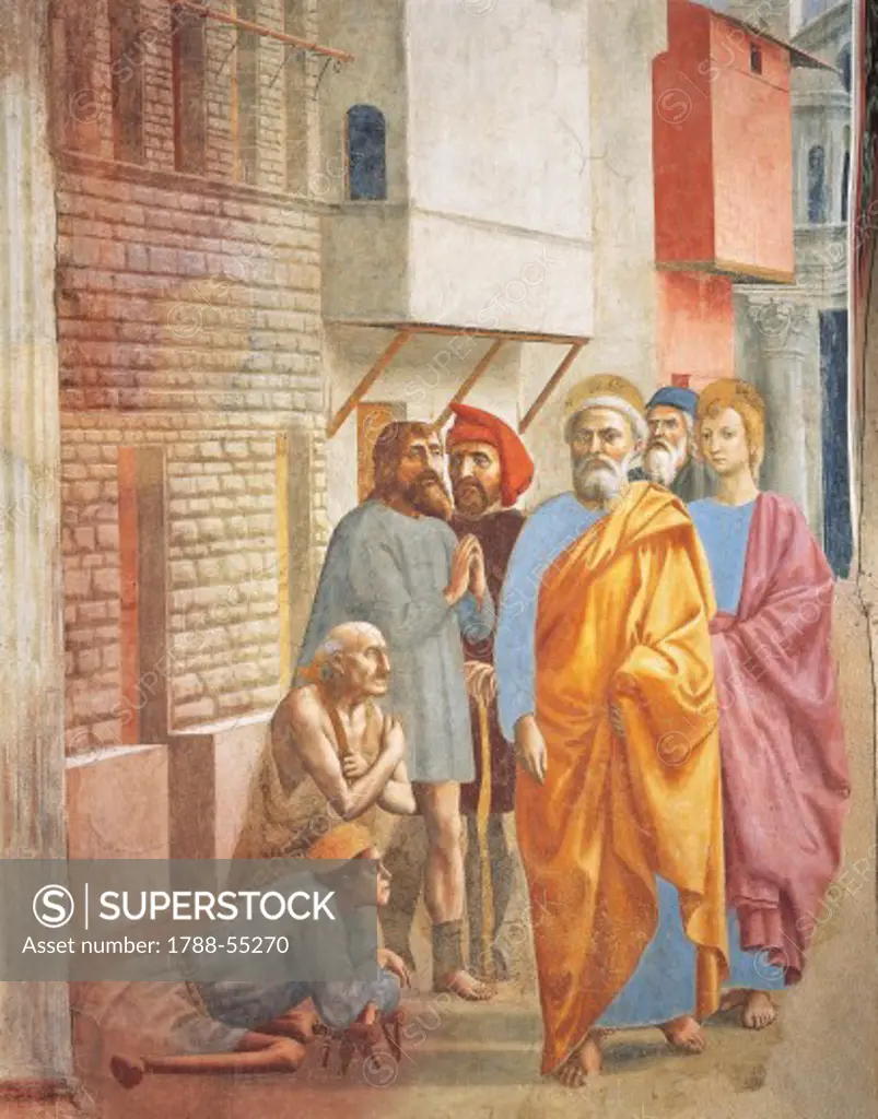 St Peter healing the sick with his shadow, fresco by Tommaso Masaccio (1401-1428), detail. Brancacci Chapel, Church of Santa Maria del Carmine, Florence. Italy, 15th century.