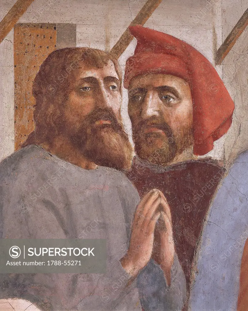 The cured, detail from St Peter healing the sick with his shadow, fresco by Tommaso Masaccio (1401-1428). Brancacci Chapel, Church of Santa Maria del Carmine, Florence. Italy, 15th century.