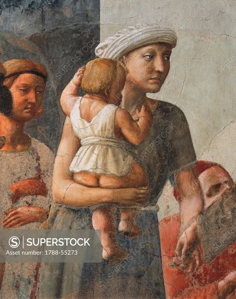 Woman with child, detail from the Distribution of alms and the Death of Ananias, fresco by Tommaso Masaccio (1401-1428). Brancacci Chapel, Church of Santa Maria del Carmine, Florence. Italy, 15th century.