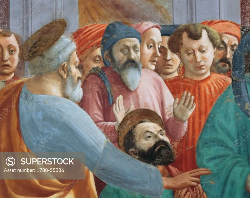 The Saints and the crowd, detail from the Raising of the son of Theophilus, fresco by Tommaso Masaccio (1401-1428) completed by Filippo Lippi (1406-1469). Brancacci Chapel, Church of Santa Maria del Carmine, Florence. Italy, 15th-16th century.