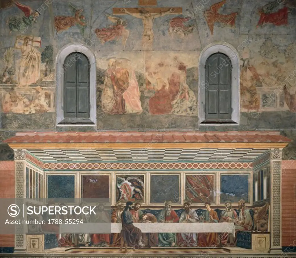 In the lower register: The Last Supper. In the upper register: Resurrection, Crucifixion and Deposition of ChriSt Cycle of fresco, by Andrea del Castagno (1421-1457), 1450, in the refectory, Convent of Sant'Apollonia, Florence. Italy, 15th century.