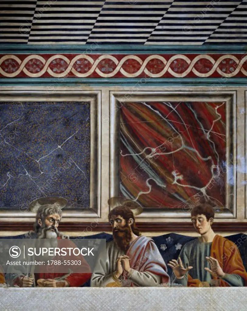 Thaddeus, Bartholomew and Andrew, detail from the Last Supper, fresco by Andrea del Castagno (1421-1457), 1450. Museum of the Convent of Santa Apollonia (Cenacolo di Sant'Apollonia), Florence. Italy, 15th century.