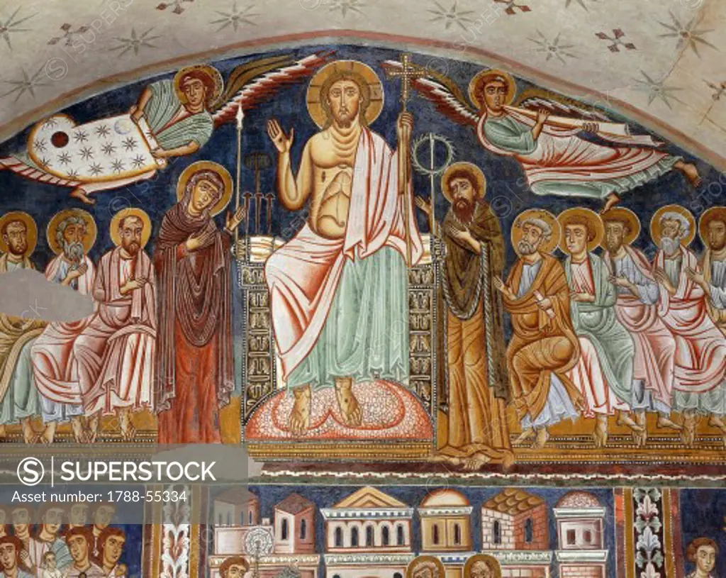 Christ and the Apostles, detail from the Legend of Constantine and St Sylvester, 1246, lunette from the Chapel of St Sylvester, Church of the Four Holy Crowned Ones, Rome. Italy, 13th century.