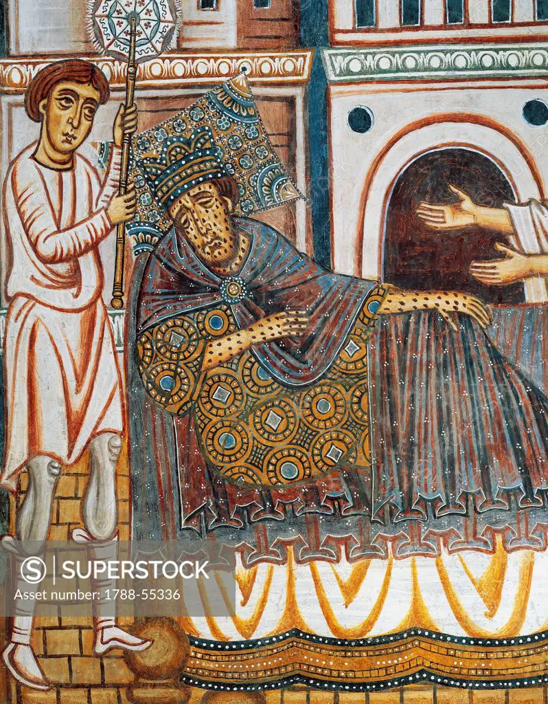 Constantine in bed stricken with leprosy, detail from the Legend of Constantine and St Sylvester, 1246, lunette from the Chapel of St Sylvester, Church of the Four Holy Crowned Ones, Rome. Italy, 13th century.