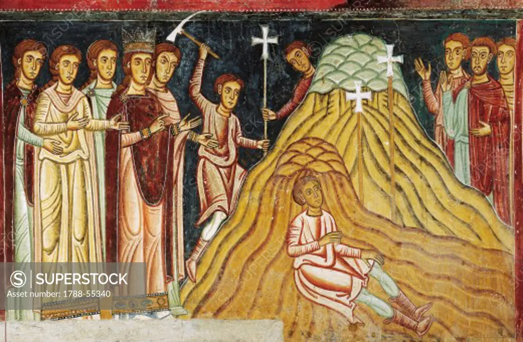 The discovery of the cross of Christ by St Helena, Constantine's mother, detail from the Legend of Constantine and St Sylvester, 1246, lunette from the Chapel of St Sylvester, Church of the Four Holy Crowned Ones, Rome. Italy, 13th century.