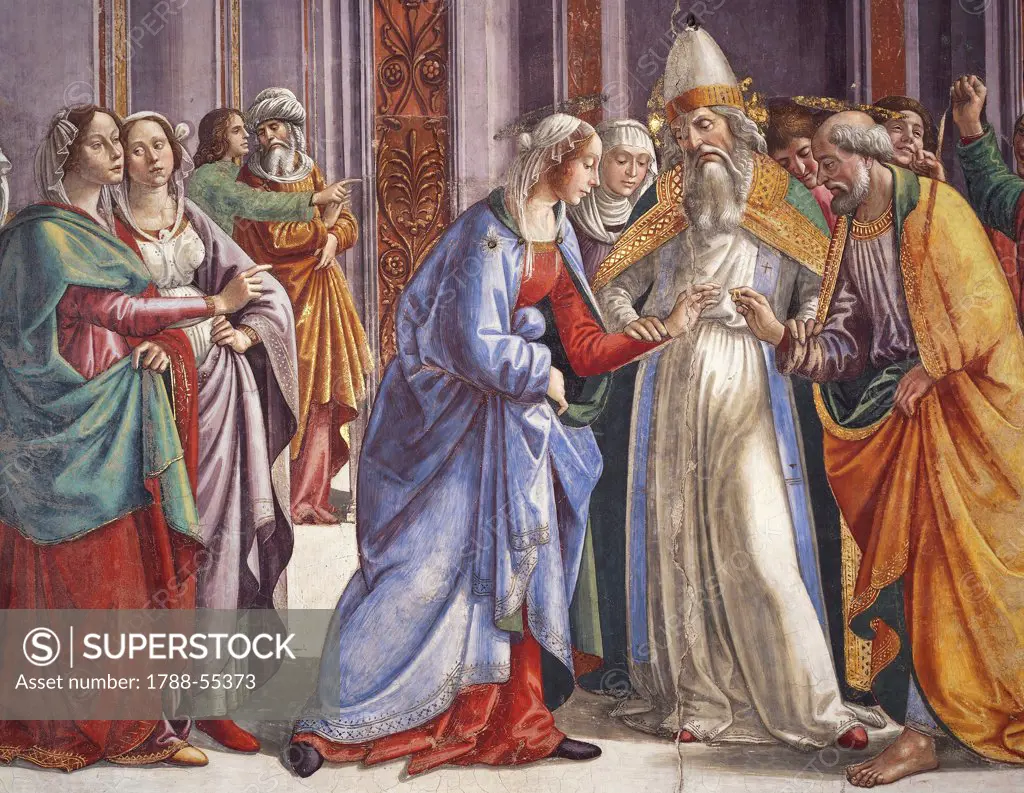 The Marriage of the Virgin, 1485-1490, fresco detail from Stories of the Virgin, by Domenico Ghirlandaio (1449-1494). Tornabuoni Chapel or Main Chapel, Church of Santa Maria Novella, Florence. Italy, 15th century.