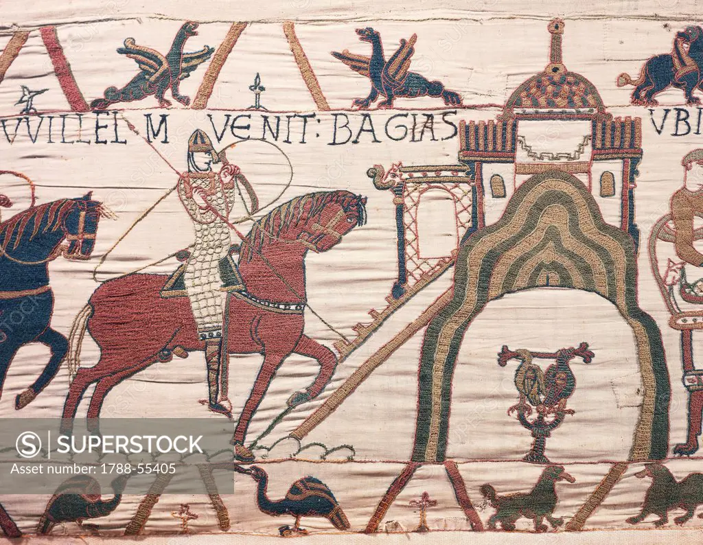 William the Conqueror, arriving in Bayeux, detail from the Bayeux tapestry or the Tapestry of Queen Matilda. France, 11th century.