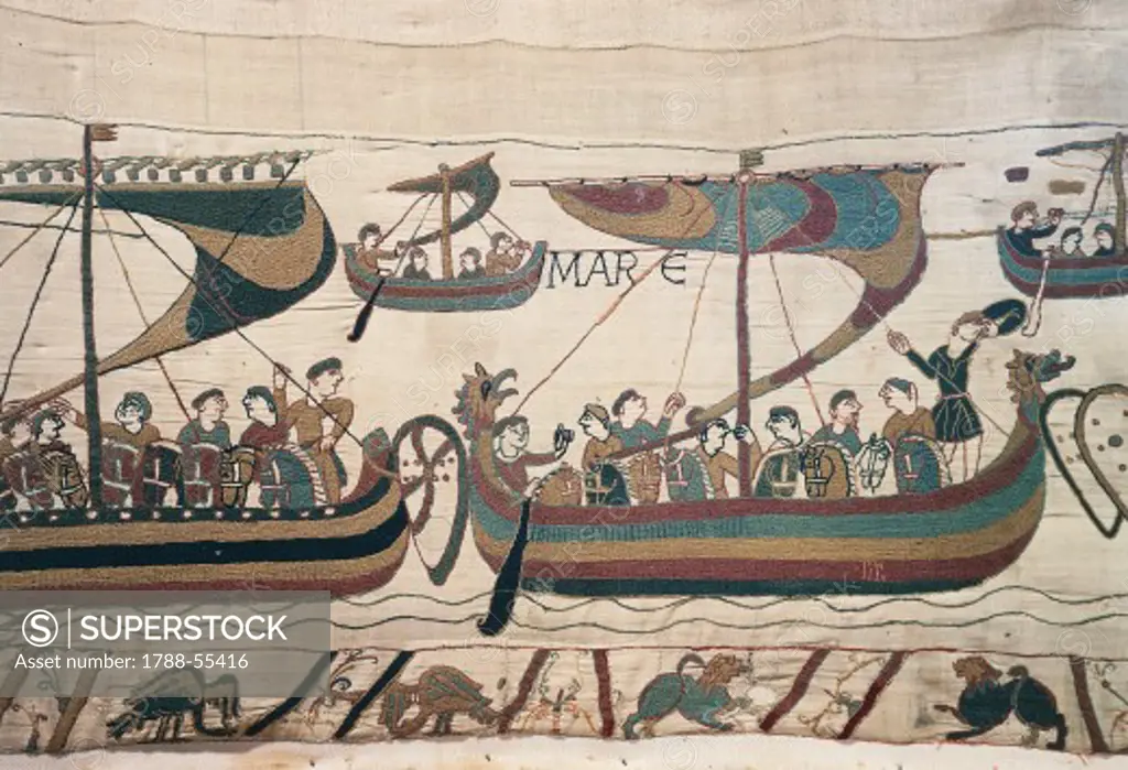 William the Conqueror's fleet crossing the English Channel, detail from the Bayeux tapestry or the Tapestry of Queen Matilda. France, 11th century.