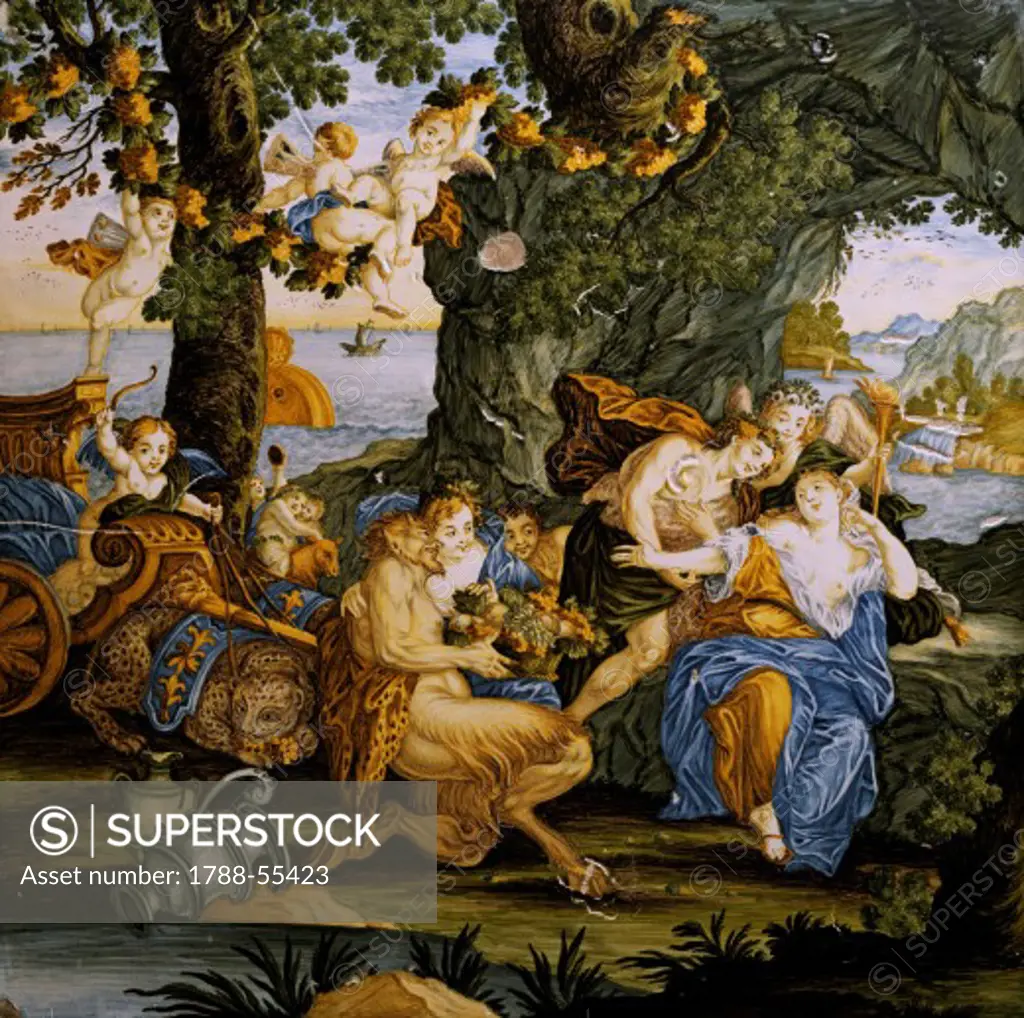 Bacchus and Ariadne, decorative detail from a storied tile, by Carmine Gentile (1678-1763), ceramic, Castelli manufacture, Abruzzo. Italy, 18th century.