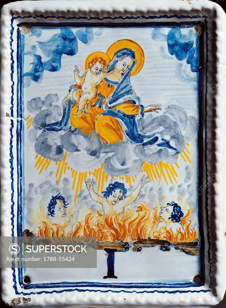 Plate depicting Madonna and Child with the souls in purgatory, ceramic, Castelli manufacture, Abruzzo. Italy, 17th century.