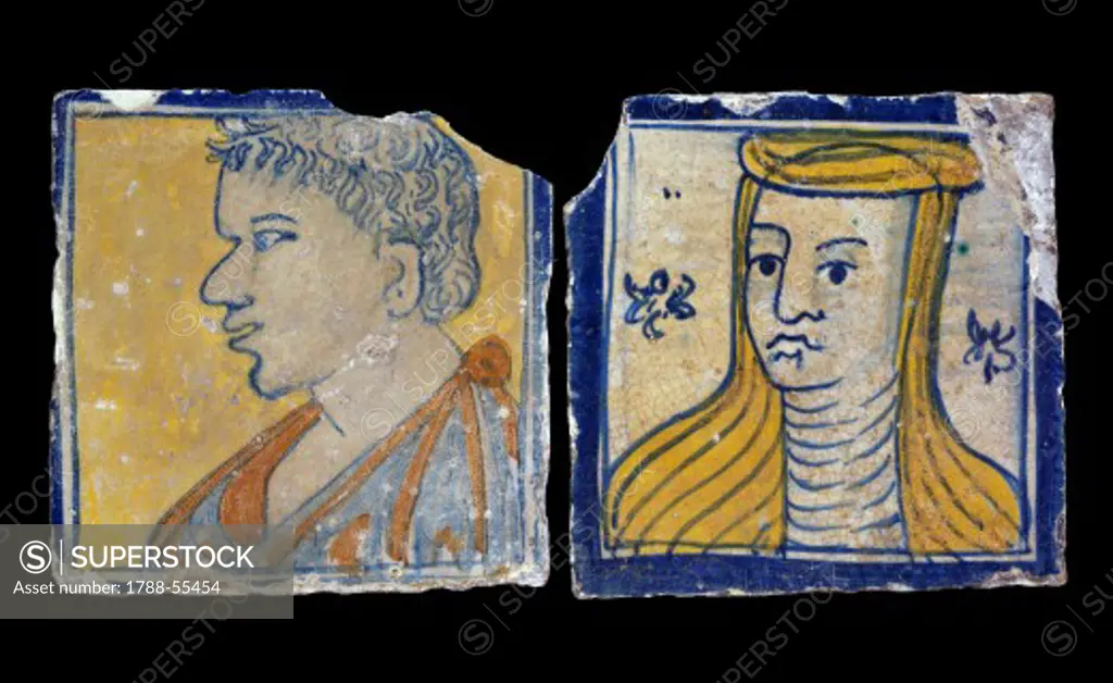 Tiles with figures, ceramic. Italy, 16th century.