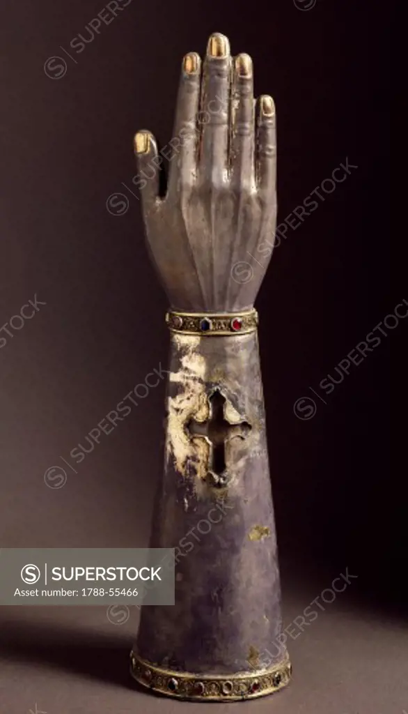 Silver reliquary of the arm of Abbot Giovanni Bove. Treasury, Cathedral of Veroli, Lazio. Italy, 13th century.