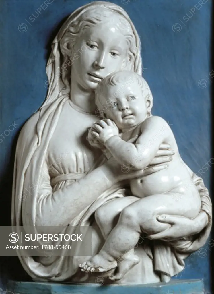 Madonna and Child, known as the Madonna of the apple, ca 1450, by Luca della Robbia (1399 or 1400-ca 1482), glazed terracotta bas-relief in white and blue, Florence. Italy, 15th century.