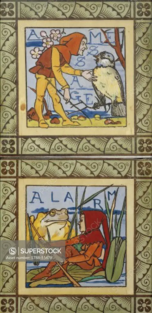 Receiving message from a sparrow and A frog surprising a gnome on a leaf, decorative tiles from Life of the gnomes series, ceramic. England, 19th century.