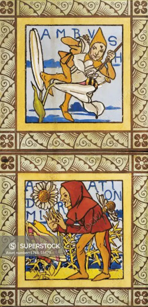 Joker gnome stinging a bee and A gnome admiring a butterfly, decorative tiles from Life of the gnomes series, ceramic. England, 19th century.