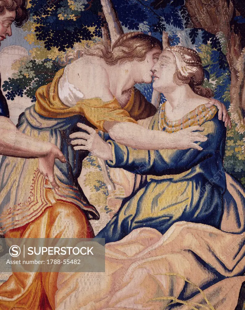 Silvia treating Phillis after a bee sting under the envious eyes of Amyntas, detail from the Story of Aminta and Sylvia, ca 1635, cloth tapestry for Cardinal Barberini created in Fauburg Saint-Marcel, Paris, Hall of the Muses, Vaux -le-Vicomte. France, 17th century.