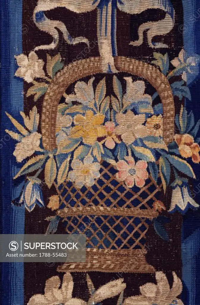 Basket of flowers, detail from the Story of Aminta and Sylvia, ca 1635, cloth tapestry for Cardinal Barberini created in Fauburg Saint-Marcel, Paris, Hall of the Muses, Vaux -le-Vicomte. France, 17th century.