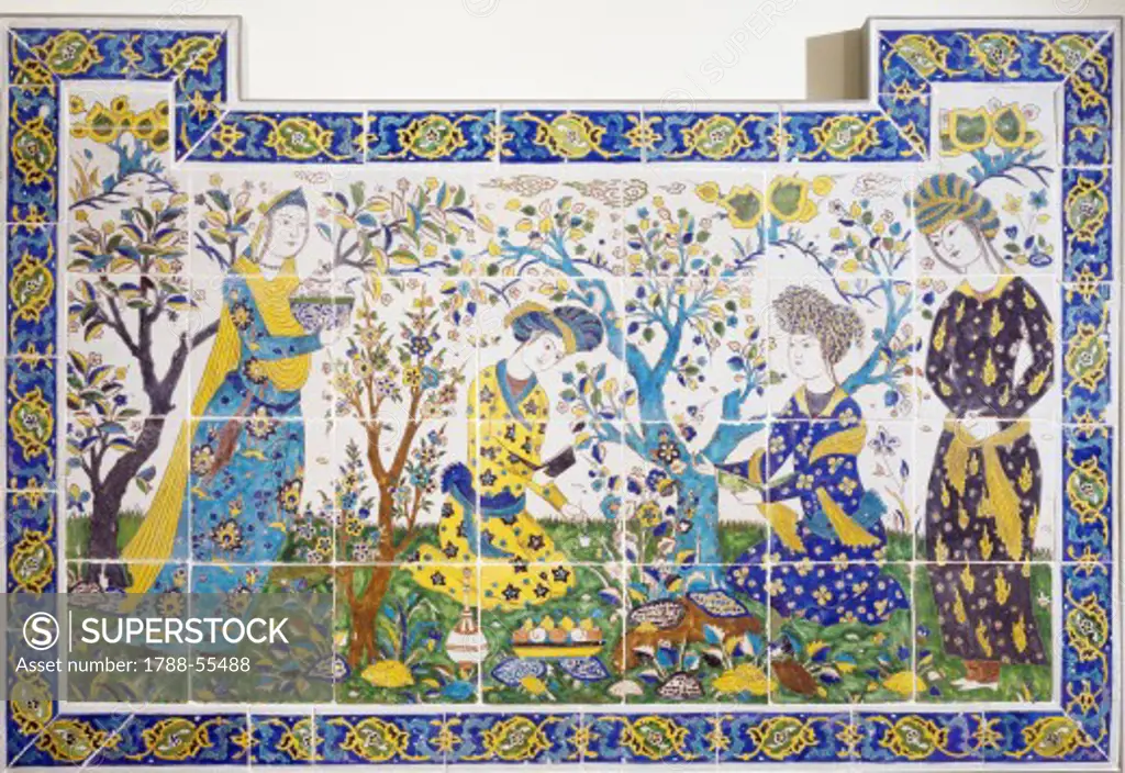 Panel depicting games in a garden, ceramic, Chehel Sotoun, Isfahan. Persia, 17th century.