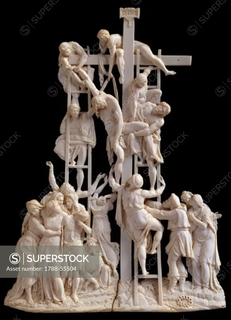 Relief depicting the Deposition of Christ, ivory. Italy, 18th century.