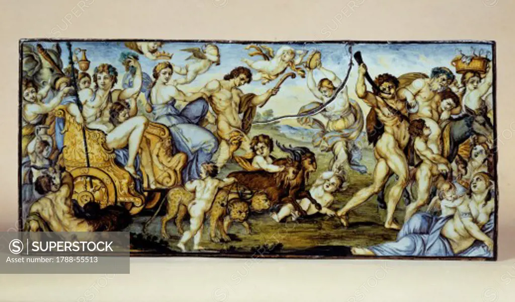 Panel with the reproduction of Triumph of Bacchus and Ariadne by Annibale Carracci, by Carlo Antonio Grue (1655-1723), polychrome decorated maiolica, Castelli manufacture, Abruzzo. Italy, 18th century.