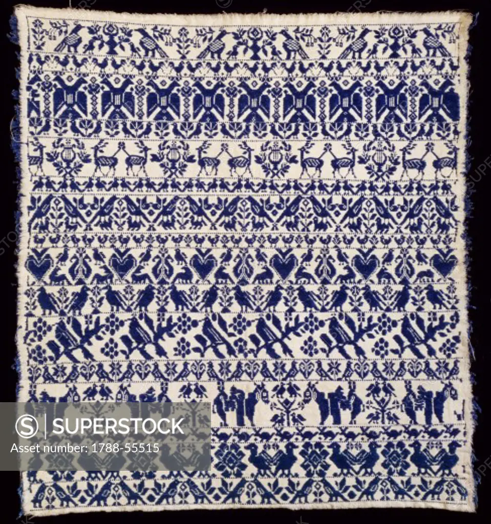 Sampler, petit point embroidery on cotton with various examples of decorations. Mexico, 20th century.