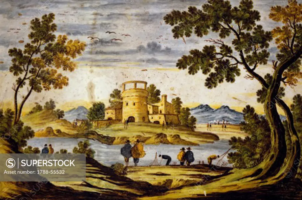 Ornamental tile with landscape and castle, maiolica, Castelli manufacture, Abruzzo. Italy, 17th century.