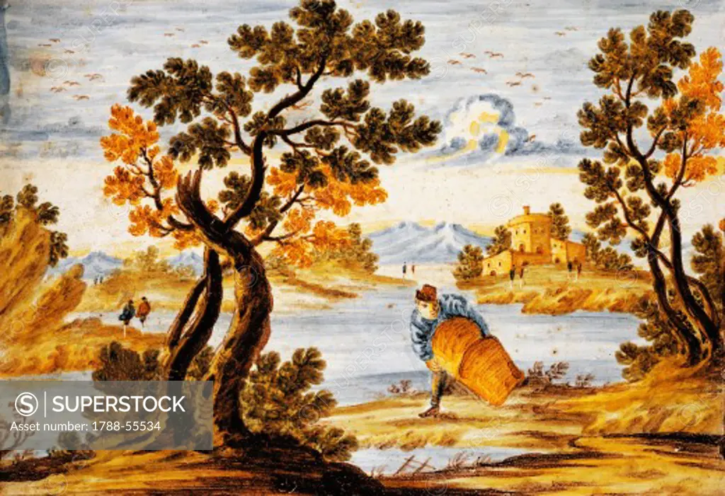Ornamental tile with landscape and castle, maiolica, Castelli manufacture, Abruzzo. Italy, 17th century.