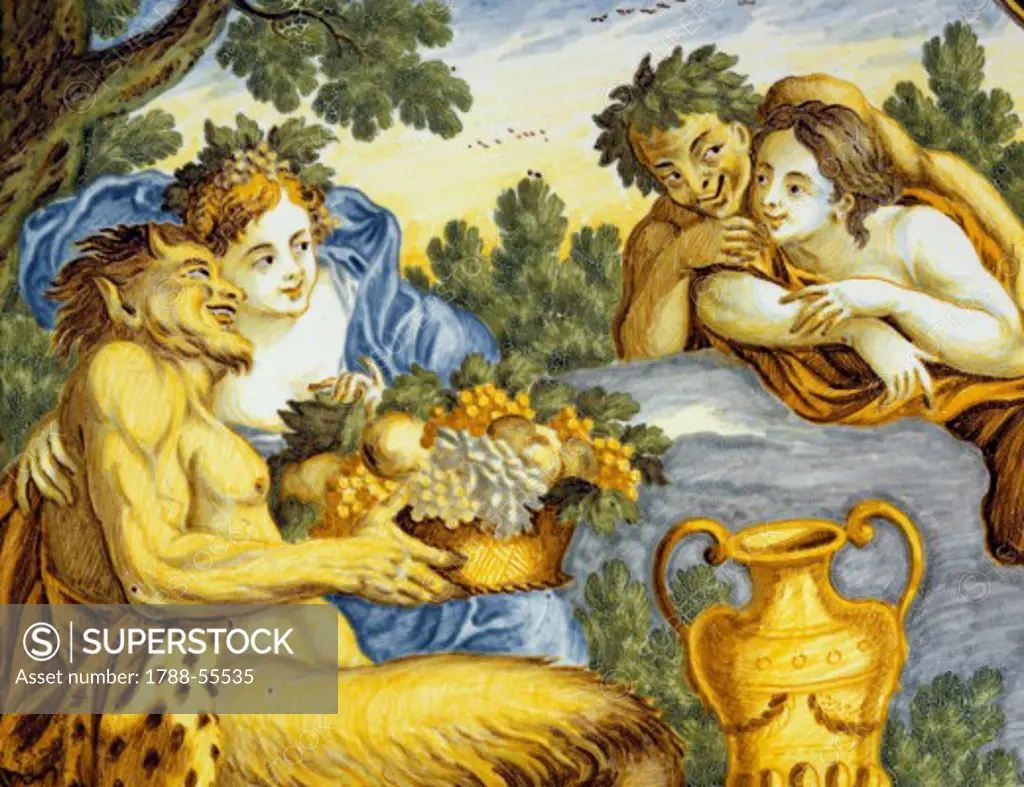 Satyrs and nymphs, decorative detail from ornamental circular nameplate, maiolica, Castelli manufacture, Abruzzo. Italy, 17th century.